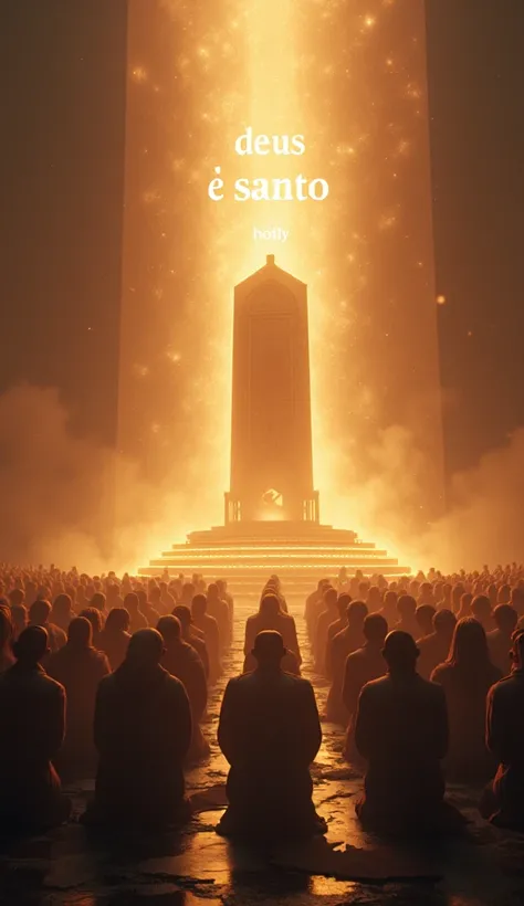 A symbolic image of a mighty throne surrounded by radiant light, with the words “Deus é Santo” inscribed in glowing letters above, while a group of humbled people bow in reverence below.
