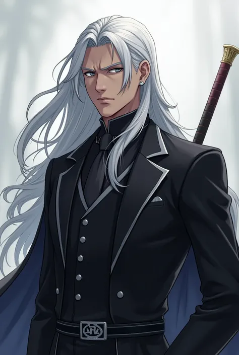  Man with long white hair, grey eyes, formal dark clothing ,  for serious facial expression , cold, proud, un gran combatiente, anime, 2.0 realistic 