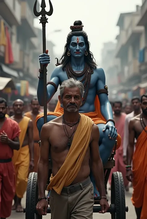 Make realistic 8k quality photo in which a poor rickshaw puller is carrying Lord Shiva on his rickshaw and the people around are standing with folded hands looking at Lord Shiva And Lord Shiva has a trident in his hand.