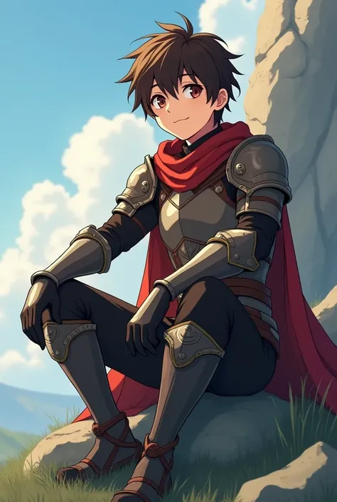 Soft anime style ,  Create a 23-year-old boy ,  dark brown hair and light brown eyes ,   in a rpg world,  wearing armor, Sitting on a rock smiling ,  make several RPG-style text boxes,  with monster slayer titles , level 999 etc