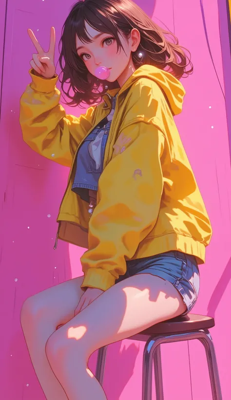 full body shot, She looks at the camera from the side , false eyelashes a woman sitting on a stool making bubbles with the gum a yellow jacket with fallen men denim shorts, she is sitting next to the camera with a raised hand making with her fingers the...