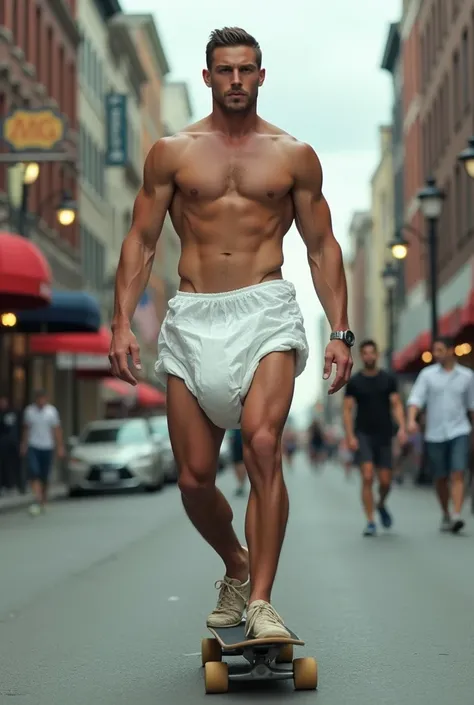 Front view of a white shirtless skater man wearing big bulging plastic disposable diapers in the streets