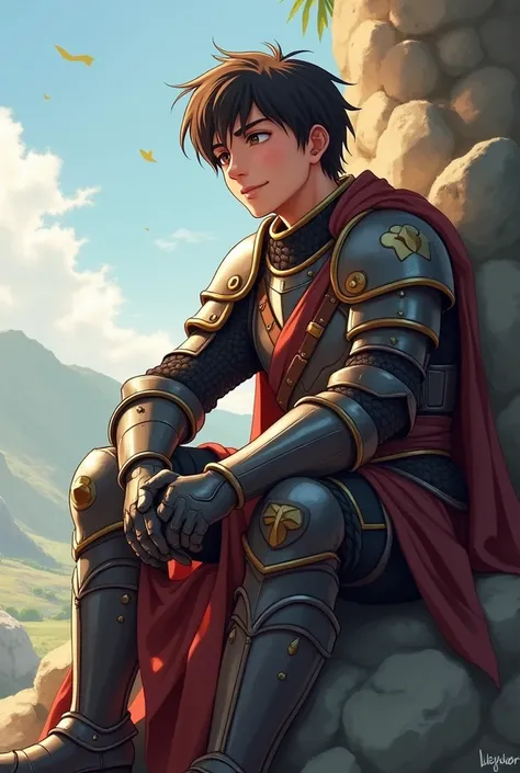 Soft anime style ,  Create a 23-year-old boy ,  dark brown hair and light brown eyes ,   in a rpg world,  wearing armor, Sitting on a rock smiling , a armadura dele deve ser colorida estilo rgb mas deve manter a pegada medieval 