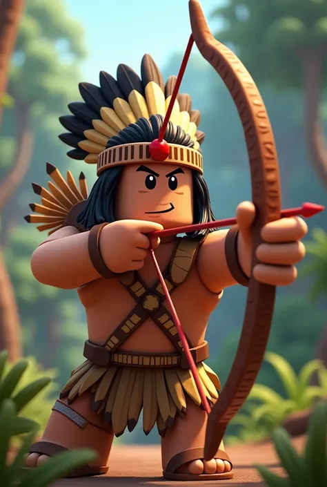 Create a logo involving a Roblox character with bow in his hand dressed as an Indian for the official cover of the Brazil Hunt Map