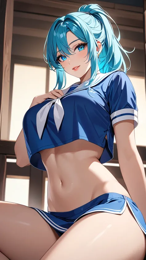 Highest quality　masterpiece　High resolution　masterpiece, cyan messy hair, high pony tail, thick and beautiful hair, middle parted hair 　blue glowing Eyes, seductive lips, teasing smile, sailor uniform , crop top overhang, big breast, beautiful make up, ver...