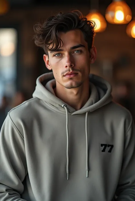 Man model wears a hoodie with a small “777” on the top right. The picture is not gloomy and there is a background  