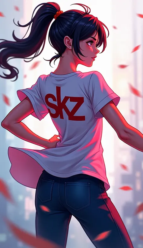  jett Valorant ,  with writing written on the back of the t-shirt "skz 