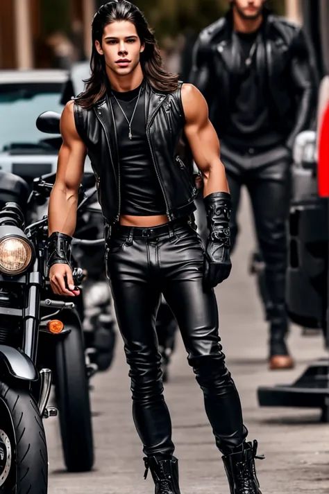 austin butler long hair ,delgado, atletico, muscular,wearing black pants in tuved ,top crop sleeveless black boots and black fin...