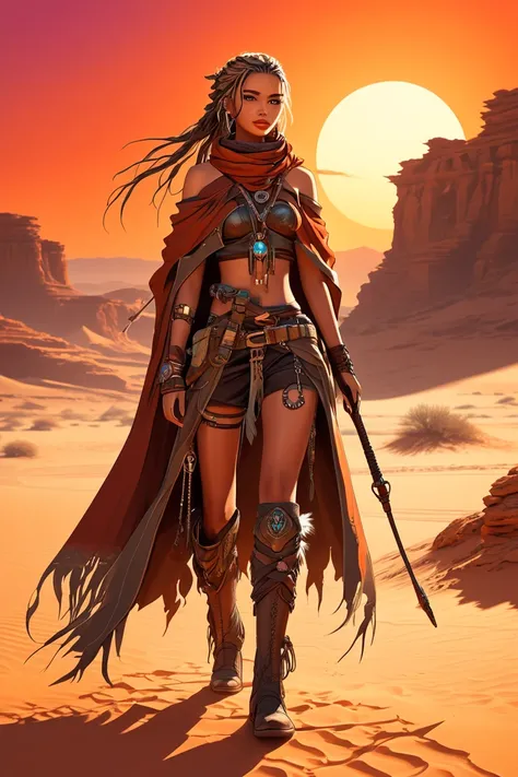 A conceptual digital art piece in the Desertpunk style of an anime female character. She has long, braided hair and
wears a flowing, frayed-edged cape. She is adorned with rustic accessories. The background reveals partially buried ruins in the sand and a ...