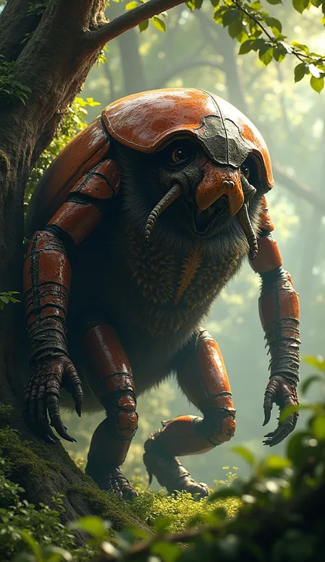 Fusion mutant Hercules beetle with a Titi monkey in a tree 