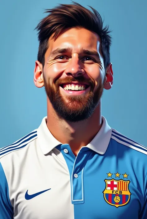 Leonel Messi cheery with his face on the front with the Argentinian polo 