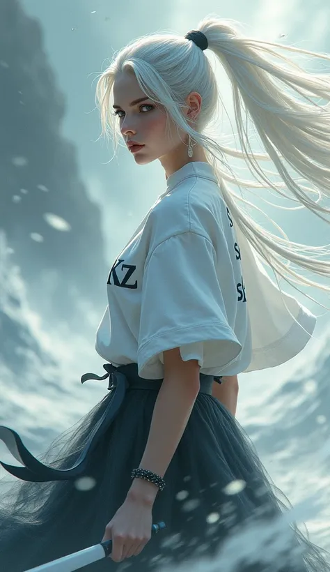  make a woman with white hair and tied,  with a white kunai in her hand , She has the power of the wind ,  make some winds on her side , and written " skz behind her white t-shirt 