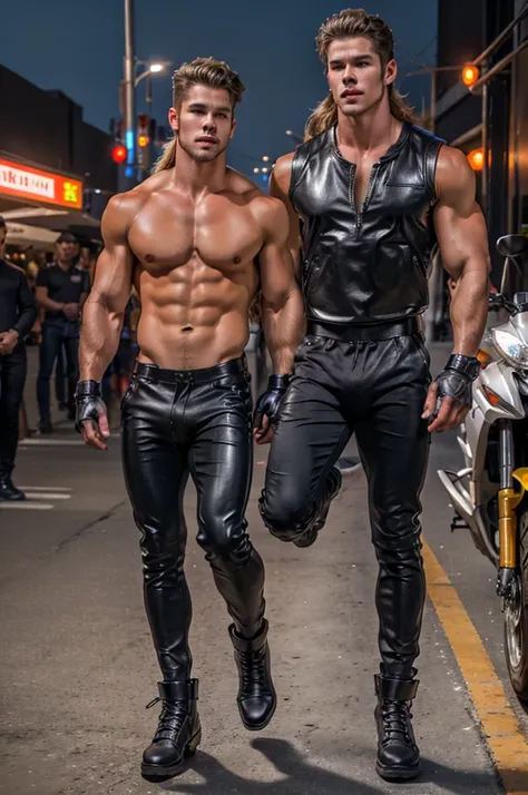 Austin Butler long hair ,delgado, atletico, muscular,wearing black pants in tuved ,top crop sleeveless black boots and black fingerless leather gloves , with a huge bulge in his pants and stuffed on a motorcycle