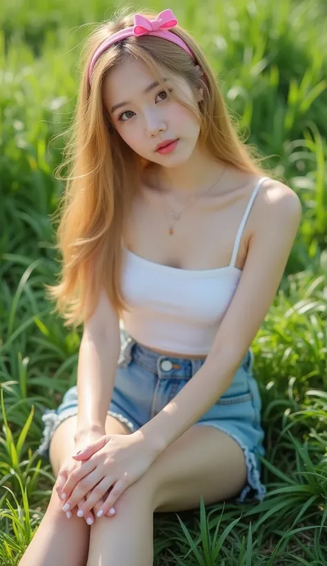 High angle photos, 4K professional photos of young korean idols,22 years old , beautiful women sitting with legs spread on the grass, light gold long hair, pink headband, white tank top, decorated with a small pink bow and high-waisted shorts, very short j...