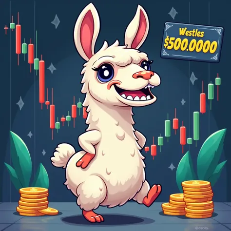 cute troll face llama, winning trade, trading chart, candle bullish only, +$500.000.000, cartoon.