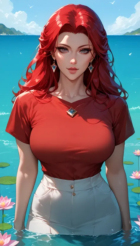 Samia, girl, solo, shirt, looking at you, face, perfect, flowers, high quality,  radiant, knight, godly, red shirt, red velvet, water, ocean,  lotus,Score_9, Score_8_up, Score_7_up, Score_6_up, Score_5_up, Score_4_up, Source_anime, Tag1, Tag2, Quality_mast...