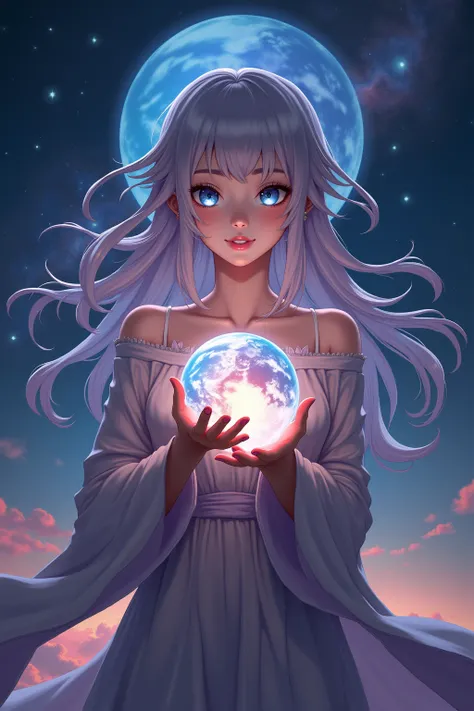 anime female, multicolor background, spiritual, holding a planet in her hands, character in space, cinematic lighting, highly detailed, digital painting, 8k, masterpiece, photorealistic, intricate details, dramatic composition, ethereal atmosphere, glowing...