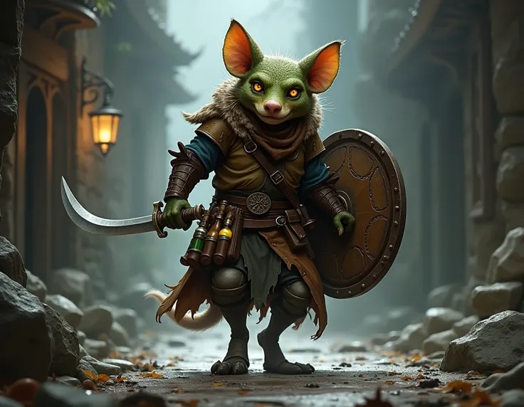 kobold rogue with a curved shield and a short sword and various magical potions