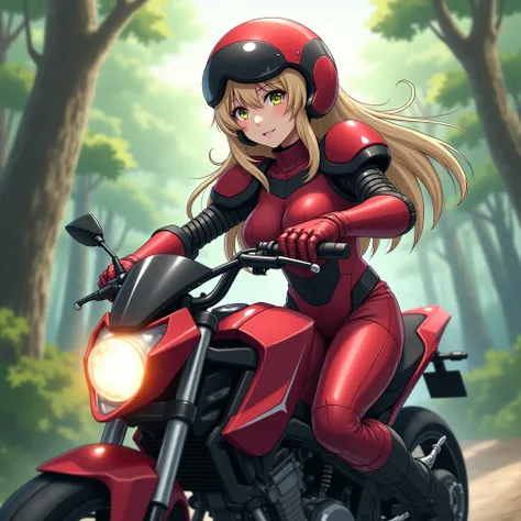   Max Image ,   Great Details ,  ultra high resolution with forest background, ( realism: 1.4), Best Illustrations, Offer details, High concentration 1girl ,  has a gentle and beautiful face ,  wearing a red mecha ,  holds the controllers direction , Im ri...