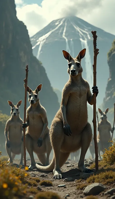  kangaroos with staff and rationality surviving a zombie plague, As in the game  "the last of us", Scenery waterfall and volcano , Realistic images 