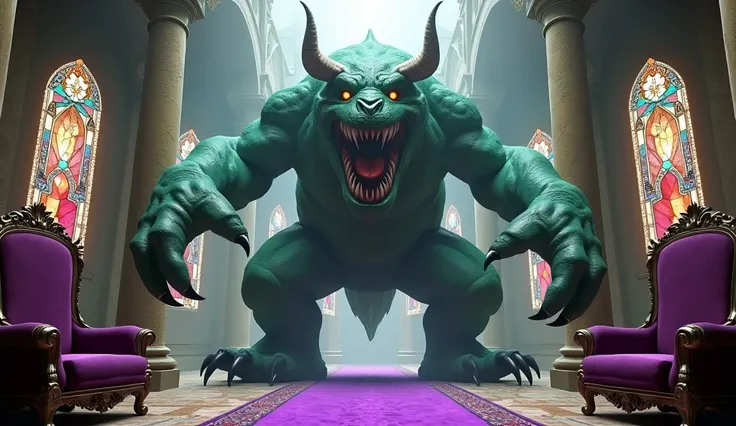 「 a giant monster standing between the thrones of a gorgeous castle 。 The monster has a green body 、 with a head with three eyes 、 with sharp horns sticking out from side to side 。 and two mouths with sharp teeth exposed、 with a fearsome expression 。 The f...