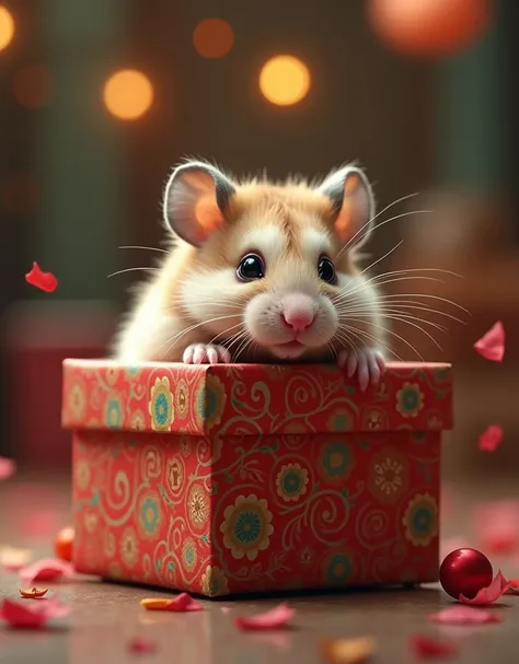 masterpiece, best quality, Photorealistic, realistic, photograph, A hamster that comes out of a surprise box