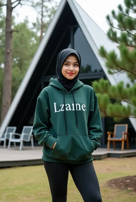 Indonesian woman, 20 years  Wearing Hijab, Slightly fat body wearing a dark green hoodie written white. Wearing black Leggings. Wearing sneakers. posing facing the camera in a rest area, behind her, there is a cone-shaped house made of black glass, with a ...