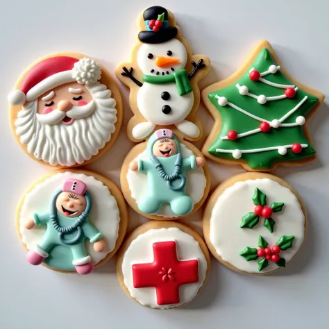 5 round cookies decorated with royal icing , Santa Claus ,  doctor , nurse , perfectly decorated snowman and Christmas tree technique