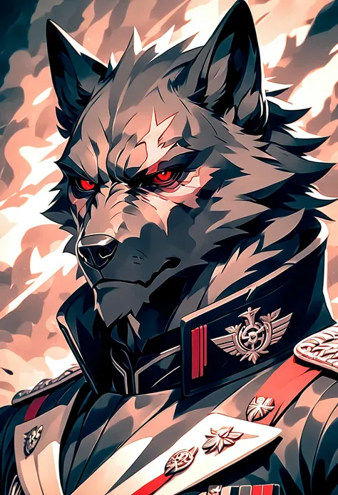 Handsome young anthropomorphic black wolf wearing all black german style military outfit, detailed black fur, scar on eye, red eye color, evil, villain, sexy, masculine, arrogant expression, superiority complex, rugged, war general, military general, intim...