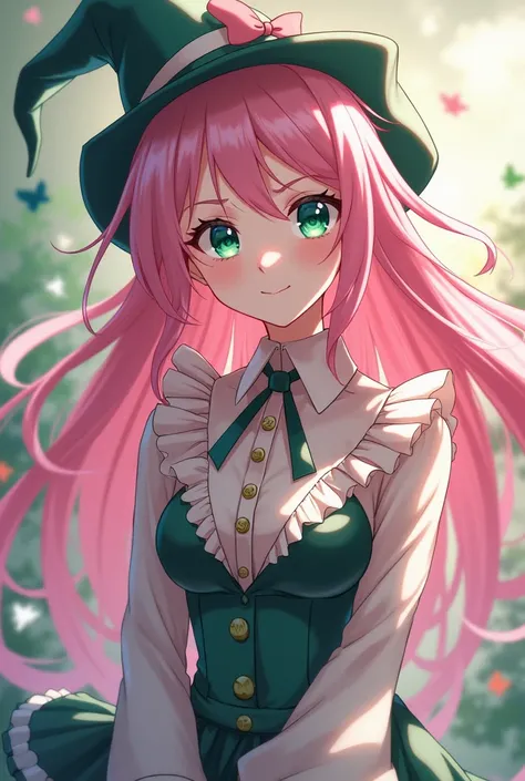 Anime woman with light pink hair and long  ,  emerald green eyes and wearing Pokemon trainer clothing inspired by a mimes clothing