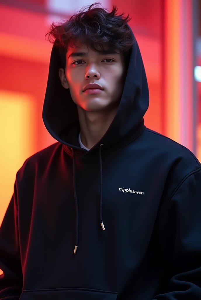 Man model wears a hoodie with a small “TrippleSeven” on the top right. The picture is not gloomy and there is a background  