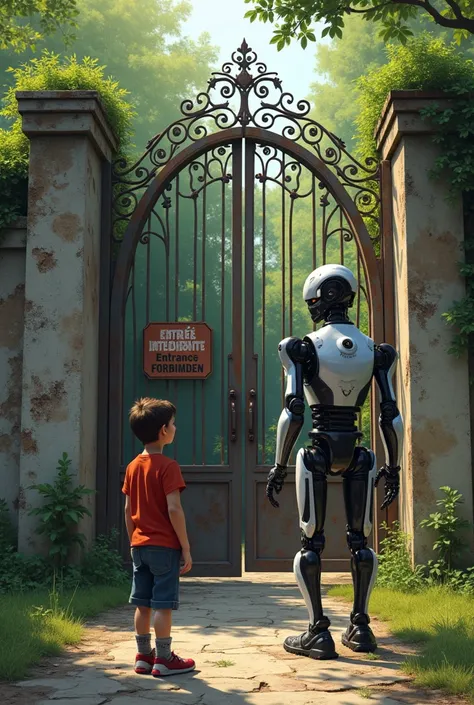 Fabien un garçon de 12ans et le robot arrivent devant le portail rouillé du parc. Une pancarte dit : « Entrée interdite ».