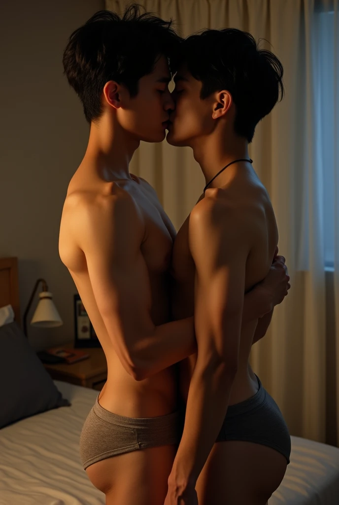 Two Korean guys, kissing wearing brief 