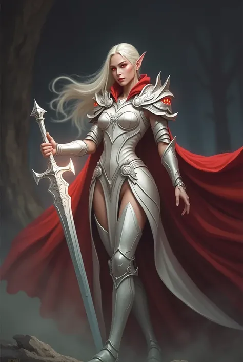 a female elven blood knight, highly detailed armor, intricate sword, flowing red cape, determined battle stance, glowing red eyes, ethereal aura, dramatic lighting, photorealistic, cinematic, (best quality,4k,8k,highres,masterpiece:1.2),ultra-detailed,(rea...