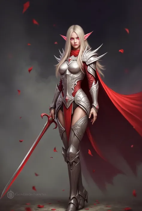 a female elven blood knight, highly detailed armor, intricate sword, flowing red cape, determined battle stance, glowing red eyes, ethereal aura, dramatic lighting, photorealistic, cinematic, (best quality,4k,8k,highres,masterpiece:1.2),ultra-detailed,(rea...