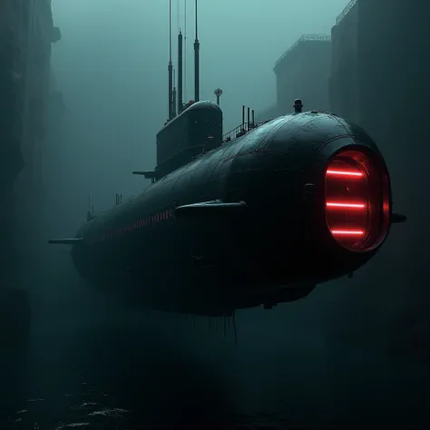 futuristic cyberpunk giant black submarine, front made of glass, red lights