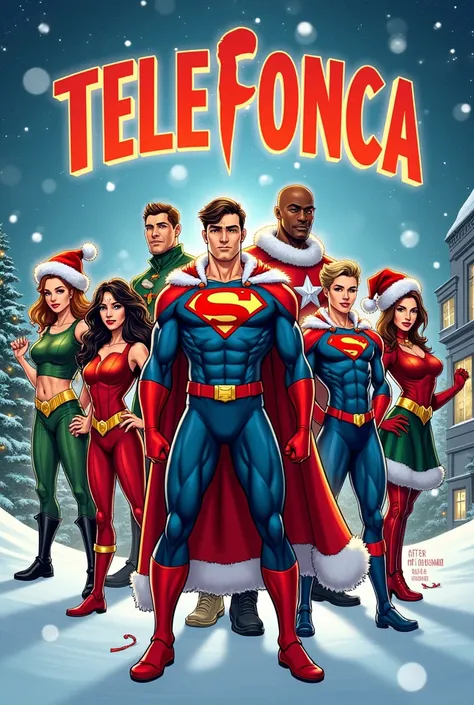 Create a christmas comic book cover with the Word "Telefonica" as the title and with eight superheros in The  front of the cover. 
The eigth superheros in the cover are: three mens and five womens 