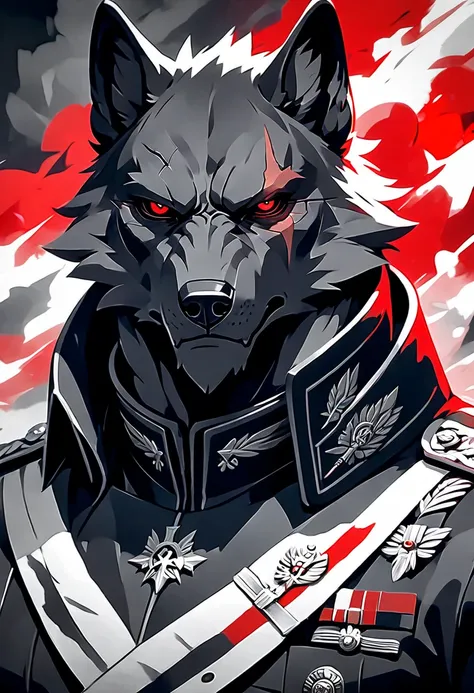 Handsome anthropomorphic black wolf wearing all black german style military outfit, detailed black fur, scar on eye, red eye color, evil, villain, sexy, masculine, arrogant expression, superiority complex, rugged, war general, military general, intimidatin...