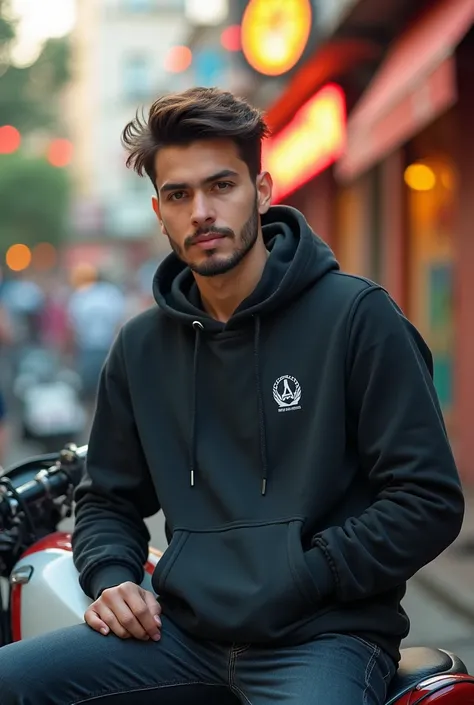 Man model wears a hoodie with a small “TrippleSeven” on the top right. The picture is not gloomy and the model is sitting on a motorcycle 