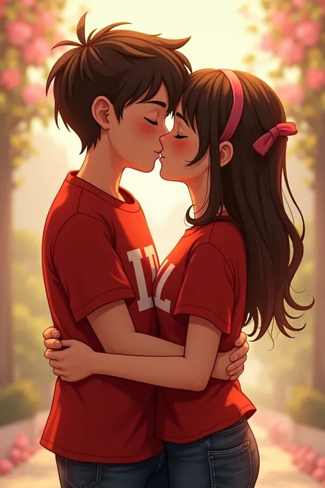 Images of a boy and a girl kissing each other wearing a red shirt and having an initial on their t-shirt each other n u