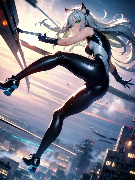 A beautiful girl with silver cat ears, green eyes, silver hair, long hair, black and white battle suit that fits her body perfectly, the background is the night city, the age is 14, dark night, sweat, steam from exhalation, dynamic angles, dynamic action p...