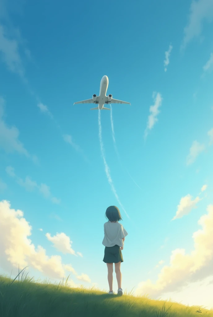 A  watching a plane fly in the sky