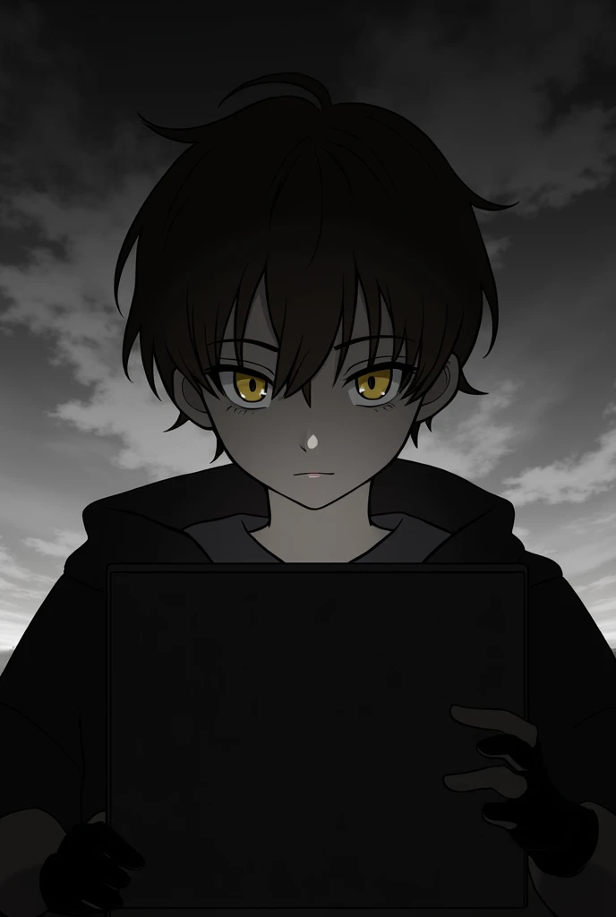  just a male character, Young ,  brown hair with a low fade cut neutral facial expression, yellow eyes,  black-cut gloves  , term black and white  ,  staring blankly at the screen  ,  background with a nightfall sky  