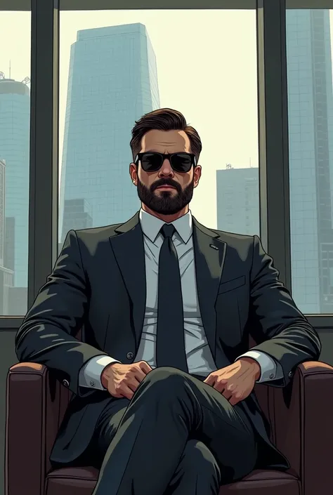 Drawing of a white man, with a dark brown beard and dark brown hair, wearing sunglasses. He is slim, tall and strong, dressed smartly in a well-tailored suit, sitting in a comfortable office chair. Behind it, there is a large glass facade that reveals an i...