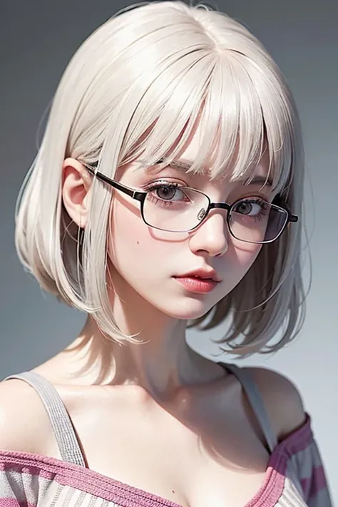 The image is a digital illustration featuring a young woman with a stylized appearance inspired by anime. She has pale white skin and large, expressive eyes, accented by round glasses. Her hair is shades of gray to pink, styled in a thick, wavy bob. She wo...