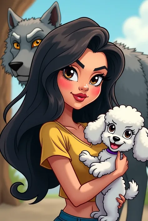 Cartoon of a cheeky brunette with long black hair holding a white poodle dog with a gray back and short legs 
And a big gray wolf behind them 