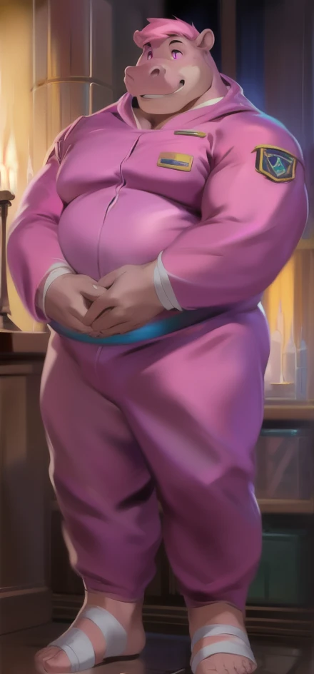 Solo, male Tall​,Huge body, Stand upright, A wizard of magic.., ice pink, hippo, Pink military spacesuit ,Abdominal Bags,overweight, muscular,Wear a bandage, strict, by chunie,Pink hair, pink eyes, short 