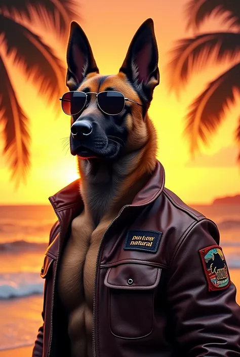 Malinois dog wearing sunglasses with mens fitness body and open mouth and leather jacket with a patch that puts New Natural on a sunset with palm trees on the beach  