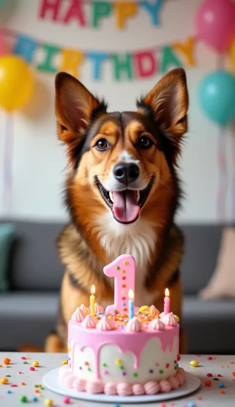 A vibrant, joyful, and healthy dog with a shiny coat and sparkling eyes sits proudly in front of a beautifully decorated birthday cake adorned with the number 1. The cake is colorful and topped with bright, festive candles, surrounded by sprinkles and play...