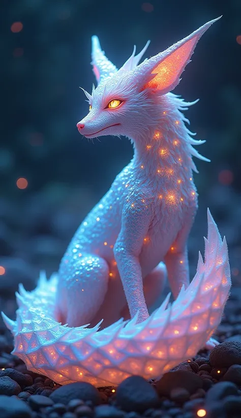 " A mythical creature with the body of an agile fox and shiny dragon scales made of crystal,  eyes shining in rainbow tones , surrounded by a starry night sky .  Detailed texture on the scales and flowing tail , surreal scenery ."
Negative prompt: "low qua...